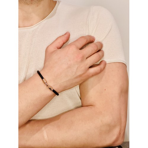 Gümüş Erkek Bileklik, Kancalı Model Şık Deri Kordon, Gümüş Rose Altın Kaplama Bileklik