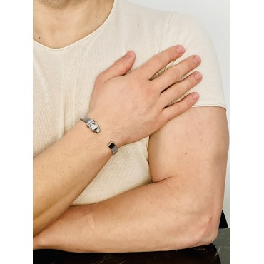 Gümüş Erkek Kaplan Başlı Gümüş Bileklik Garnet Gözlü Safir Detaylı Çelik Bant Kararmaz Şık Takı