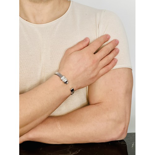 Gümüş Kaplan Başı Erkek Bileklik Mavi Safir Göz, B.Safir Şeritli, Çelik Bant Kararmaz, Şık Bileklik