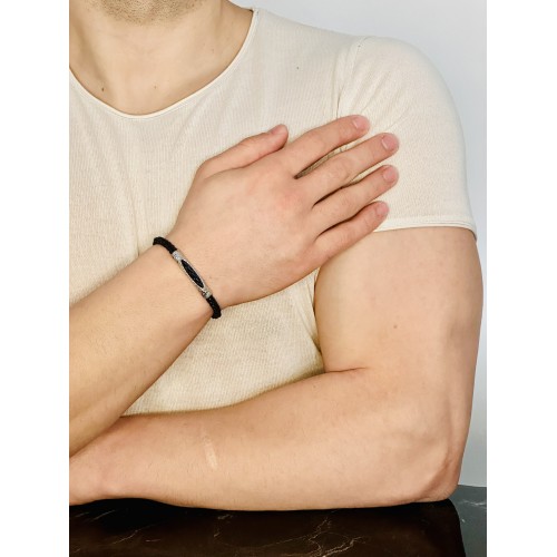 Gümüş Erkek Bileklik ,Beyaz Altın Kaplama, El Örgüsü Deri Kordon,Özel Desen Benzersiz Model Bileklik