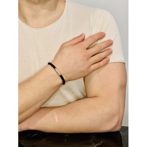 Gümüş Deri Örgü Erkek Bileklik, Özel Gravür Desen Özel Tasarım Bileklik