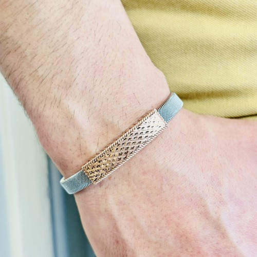 Gümüş Erkek Bileklik 14k Rose Altın Kaplama ,ışıltılı Desen Gümüş Ve Kararmaz Çelik Bant, Şık Hediye