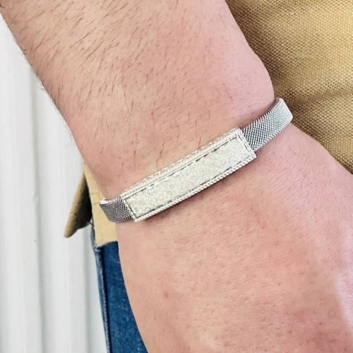  Gümüş Erkek Bileklik,14k Beyaz Altın Kaplama,ışıltılı Desenli İsim Yazılabilir,Şık Hediye
