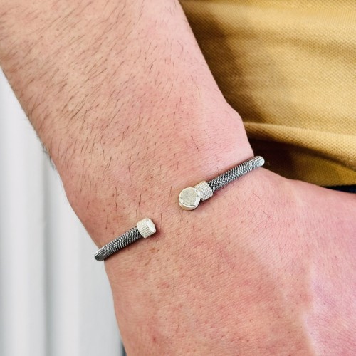 Gümüş Erkek Bileklik,14K Beyaz Altın Kaplama,Işıltı Desenli,Harf Yazılabilir,Şık Hediye